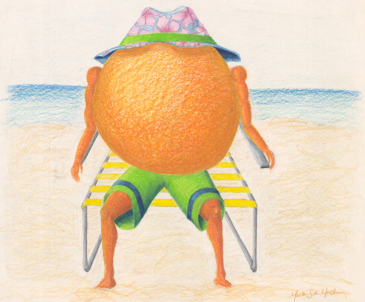 Humorous Fine art print of a whimsical orange relaxing on a Florida beach — coastal wall art from original colored pencil drawing
