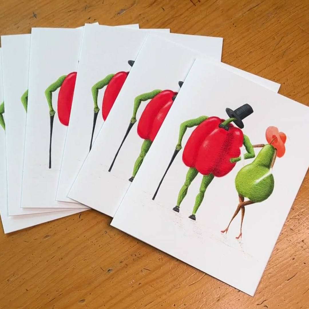 Pepper and Pear notecards created from original colored pencil drawings